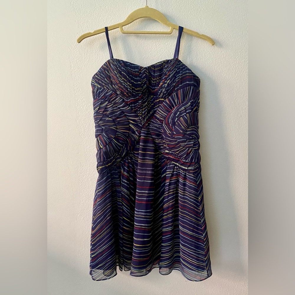 BCBG Strapless Corset Dress with Multicolor Stripes and Diaphanous Draping